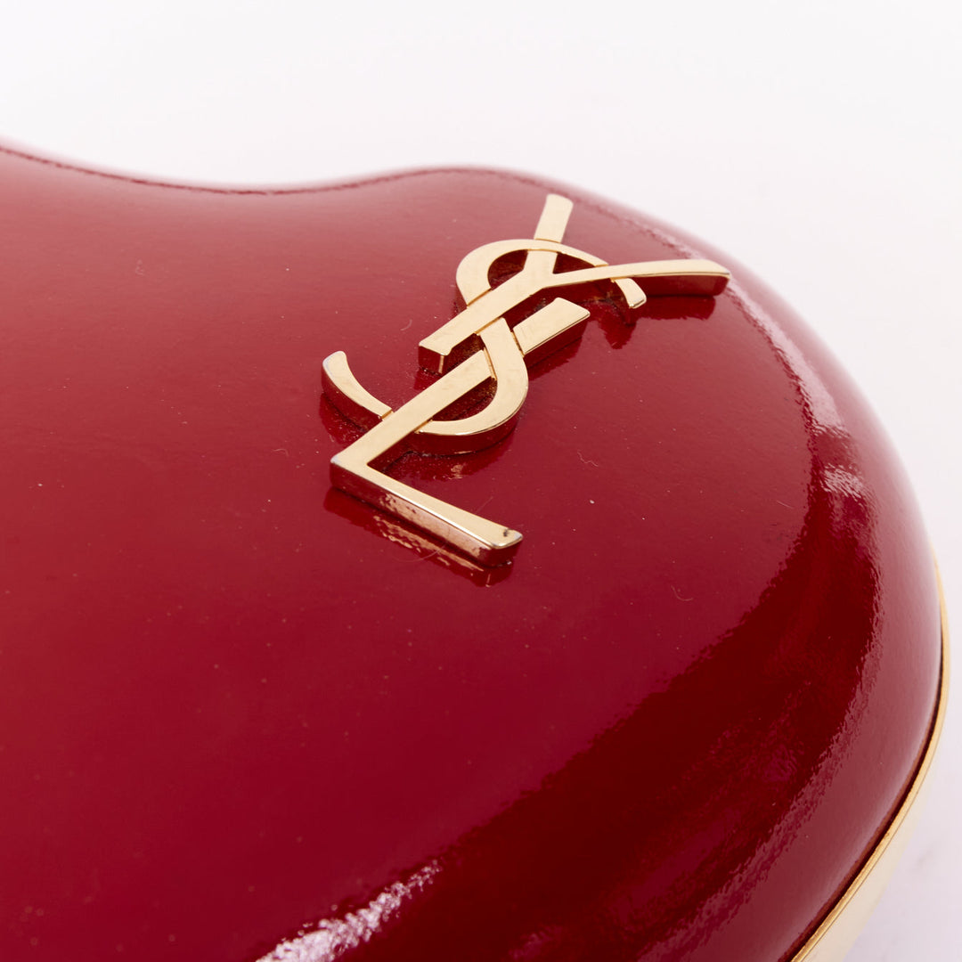 SAINT LAURENT Love Box red patent gold tone YSL logo heart box clutch chain bag