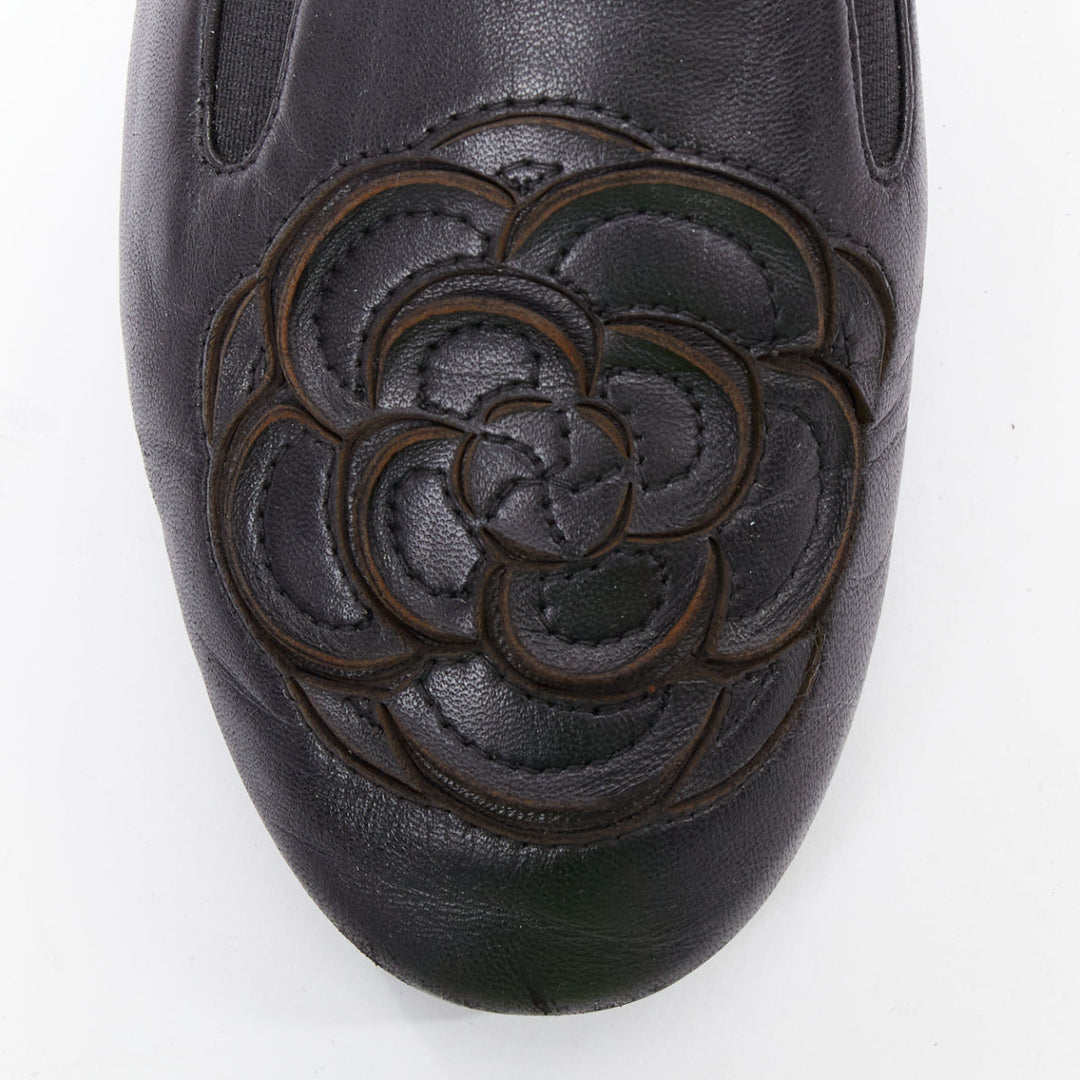 CHANEL black leather silver CC logo camellia flat loafer EU36.5
