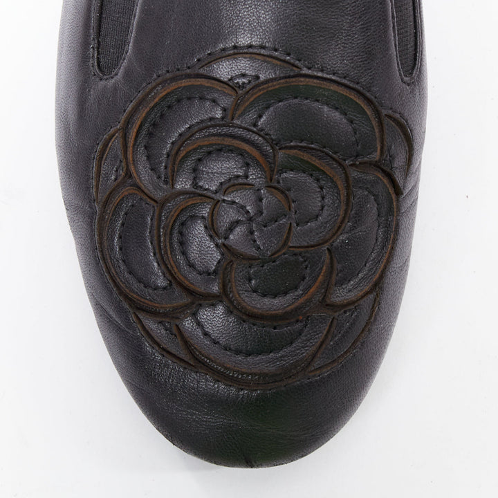 CHANEL black leather silver CC logo camellia flat loafer EU36.5