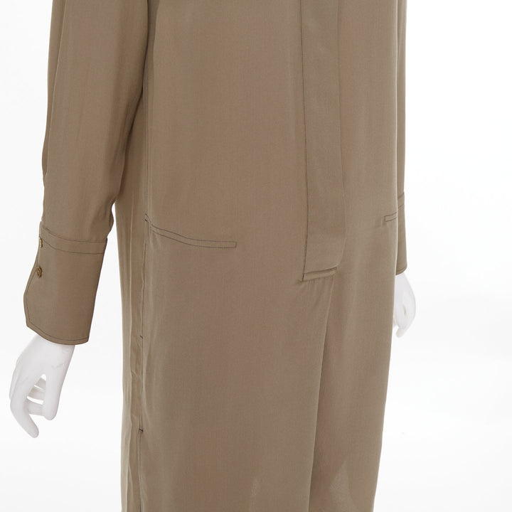 HERMES khaki tan covered button silk band collar long sleeve shift dress FR34