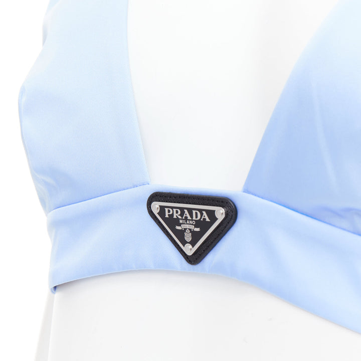 PRADA Re-Nylon light blue triangle logo plunge crop top bustier bralette IT38 XS