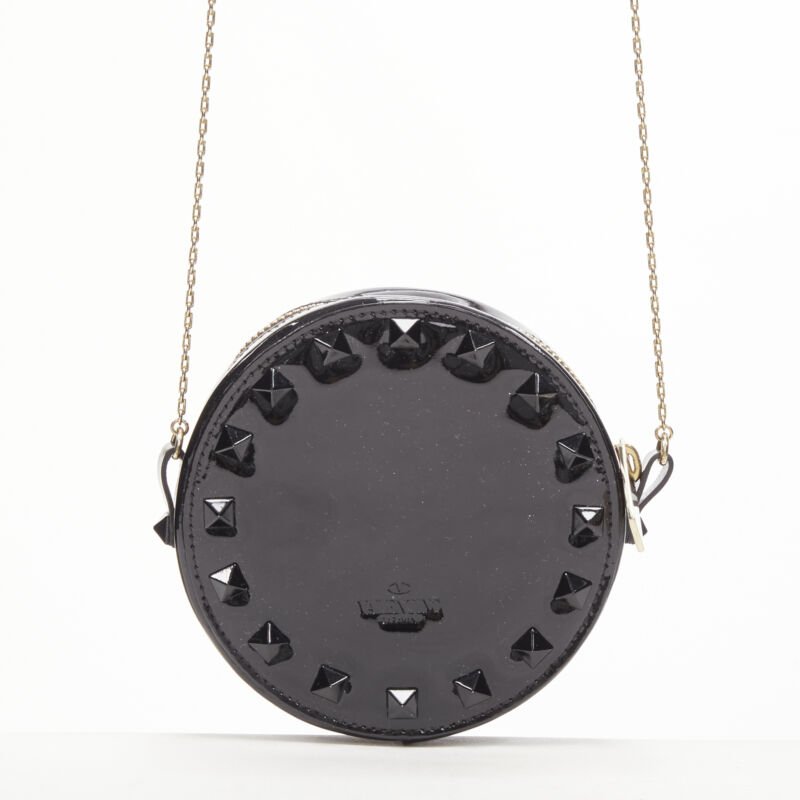 VALENTIN Rockstud black patent leather studded gold chain circle crossbody bag