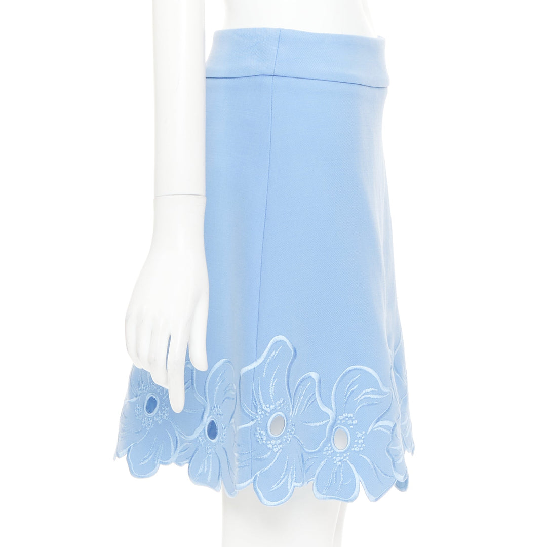 CHRISTIAN DIOR powder blue wool crepe floral cutout embroidered hem skirt FR38 M