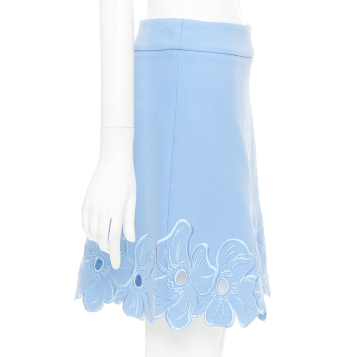 CHRISTIAN DIOR powder blue wool crepe floral cutout embroidered hem skirt FR38 M