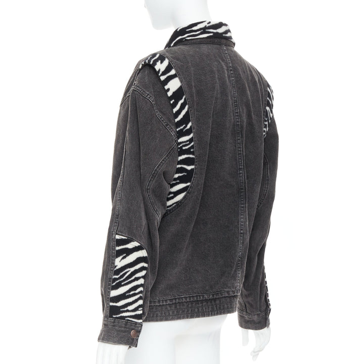 CELINE Hedi Slimane black white zebra wool patch denim jacket S