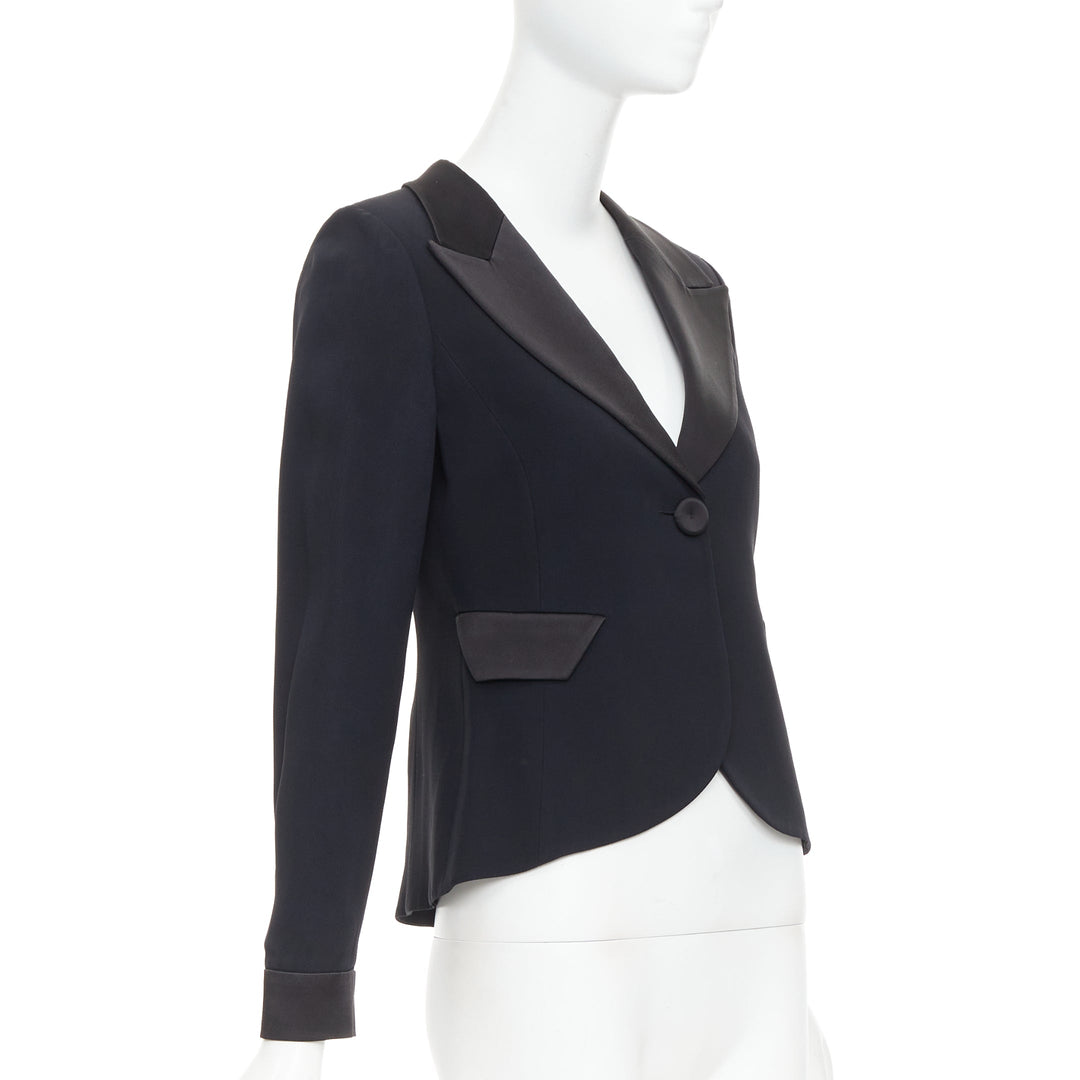 EMPORIO ARMANI black satin peak lapel cropped tuxedo blazer IT40 S
