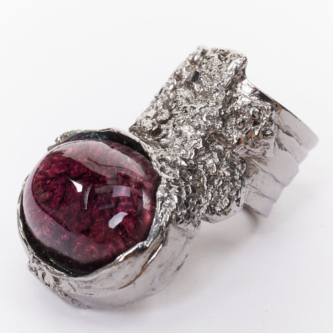 YVES SAINT LAURENT YSL Arty silver tone purple Amethyst enamel cabochon ring US7