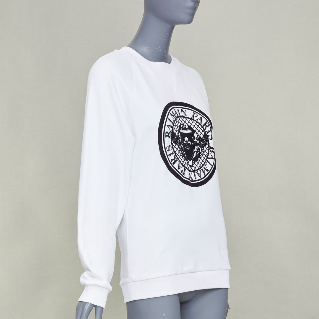 BALMAIN white cotton black flocked coin medallion logo raglan sweatshirt XXS