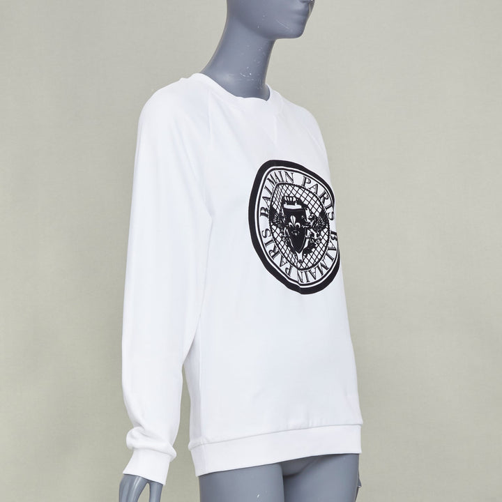 BALMAIN white cotton black flocked coin medallion logo raglan sweatshirt XXS