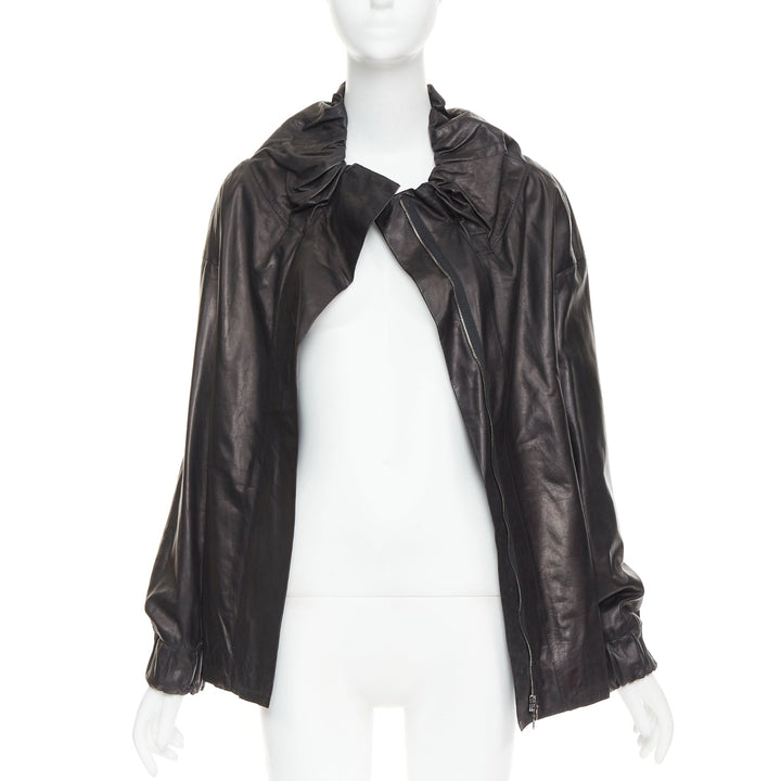 MARNI black lamb leather gathered collar zip up oversized jacket IT42 M