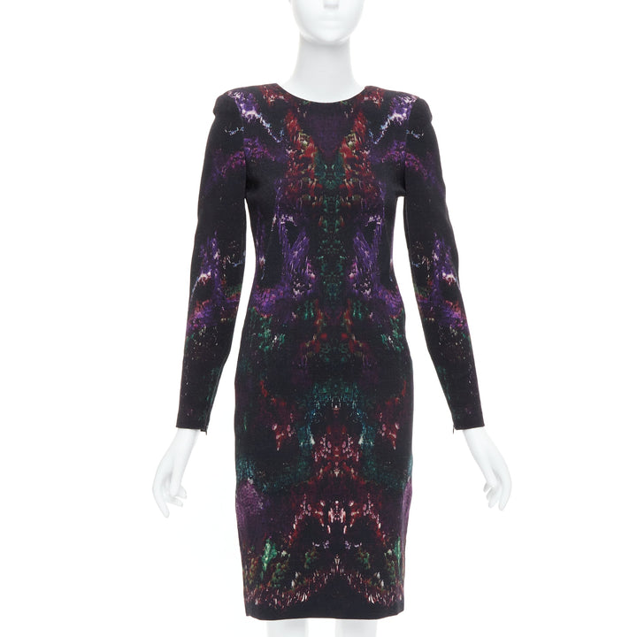 ALEXANDER MCQUEEN 2014 black purple wool feather print sheath dress IT38 XS