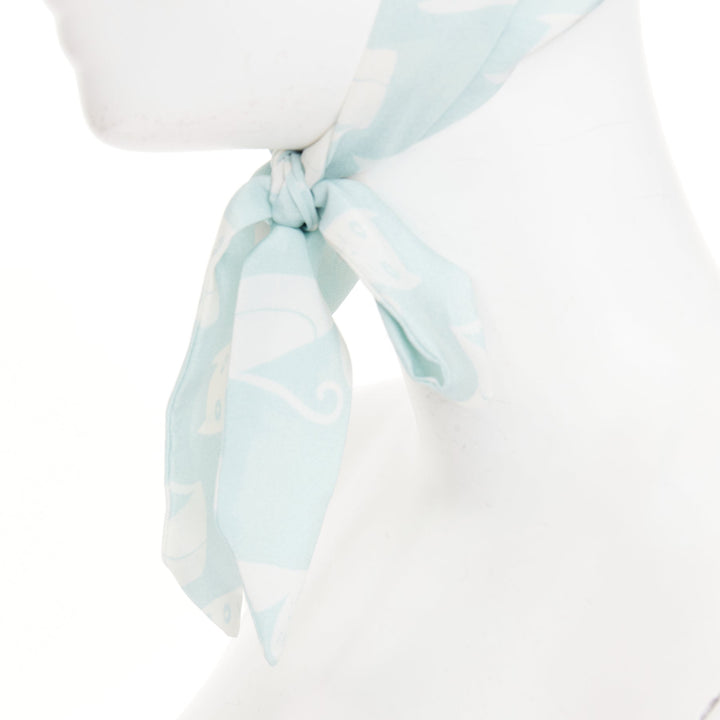 MIU MIU 2020 cartoon cat light blue white silk crepe long headband skinny scarf
