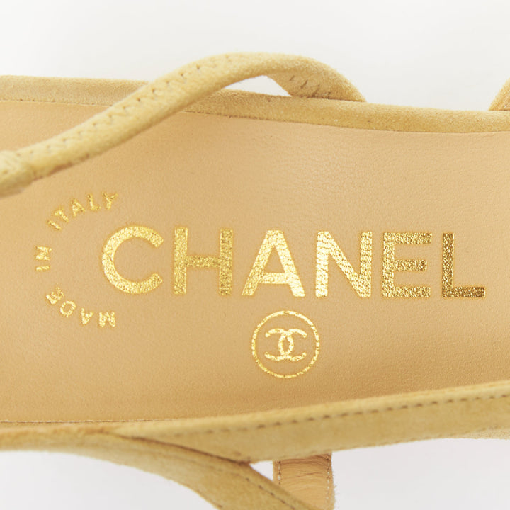 CHANEL Runway beige suede black grosgrain cap toe slip on slingback pumps EU38