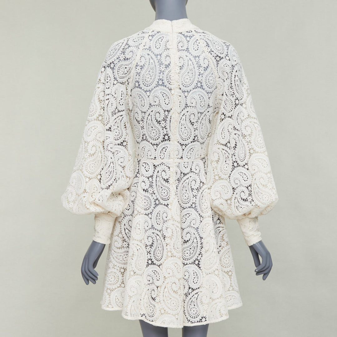 ZIMMERMANN Amari cream paisley floral lace cotton lined peasant dress Sz1 S