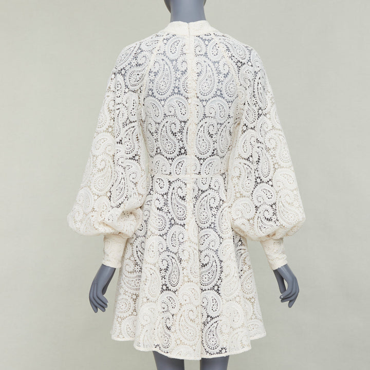 ZIMMERMANN Amari cream paisley floral lace cotton lined peasant dress Sz1 S
