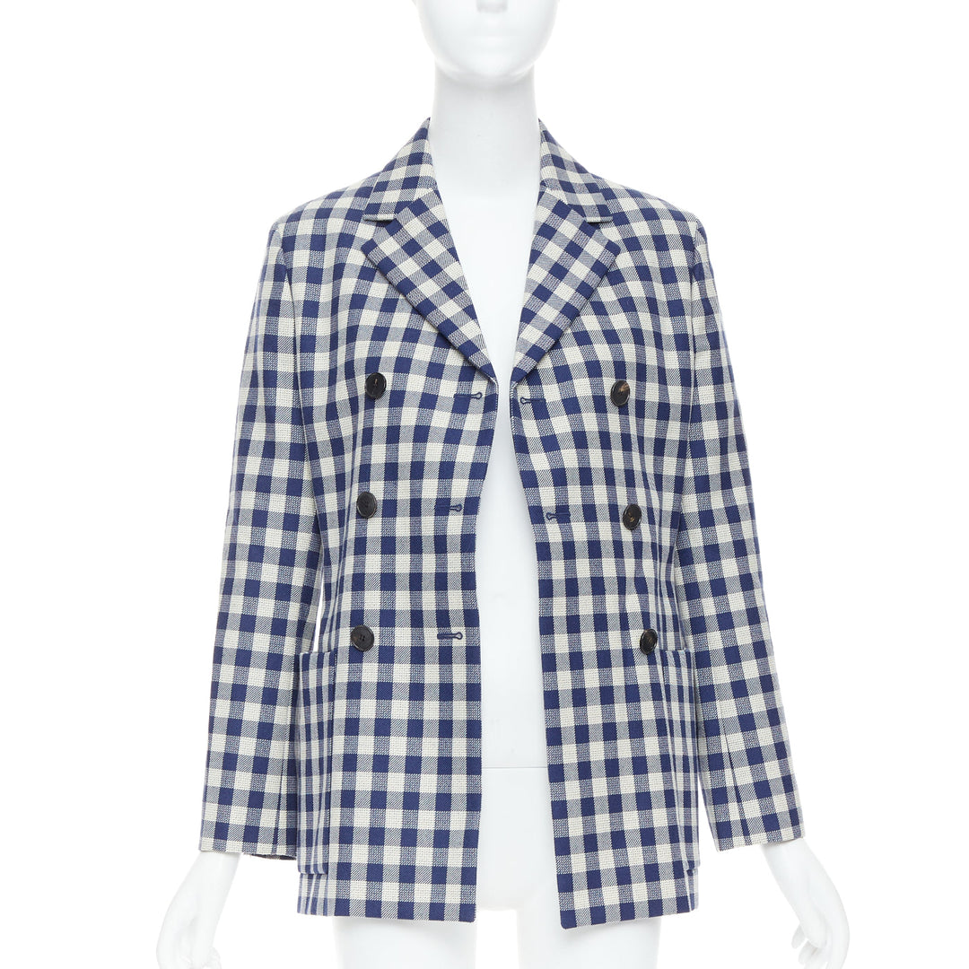 CHRISTIAN DIOR 2020 Runway blue cream virgin wool checkered bar jacket FR40 L