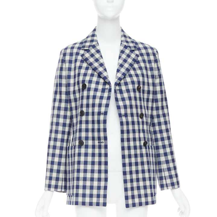 CHRISTIAN DIOR 2020 Runway blue cream virgin wool checkered bar jacket FR40 L