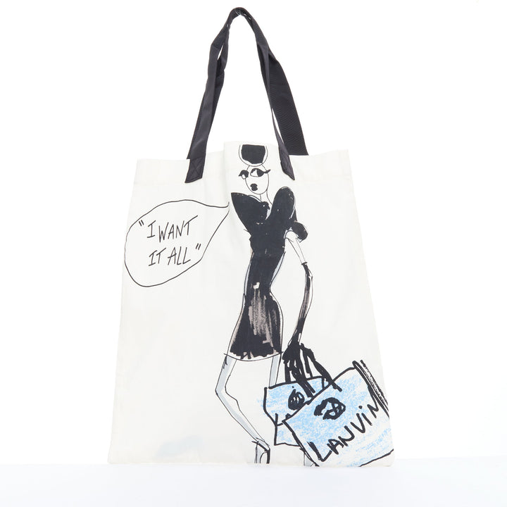 LANVIN I Want It All fashion sketch printed cotton canvas grosgrain tote bag