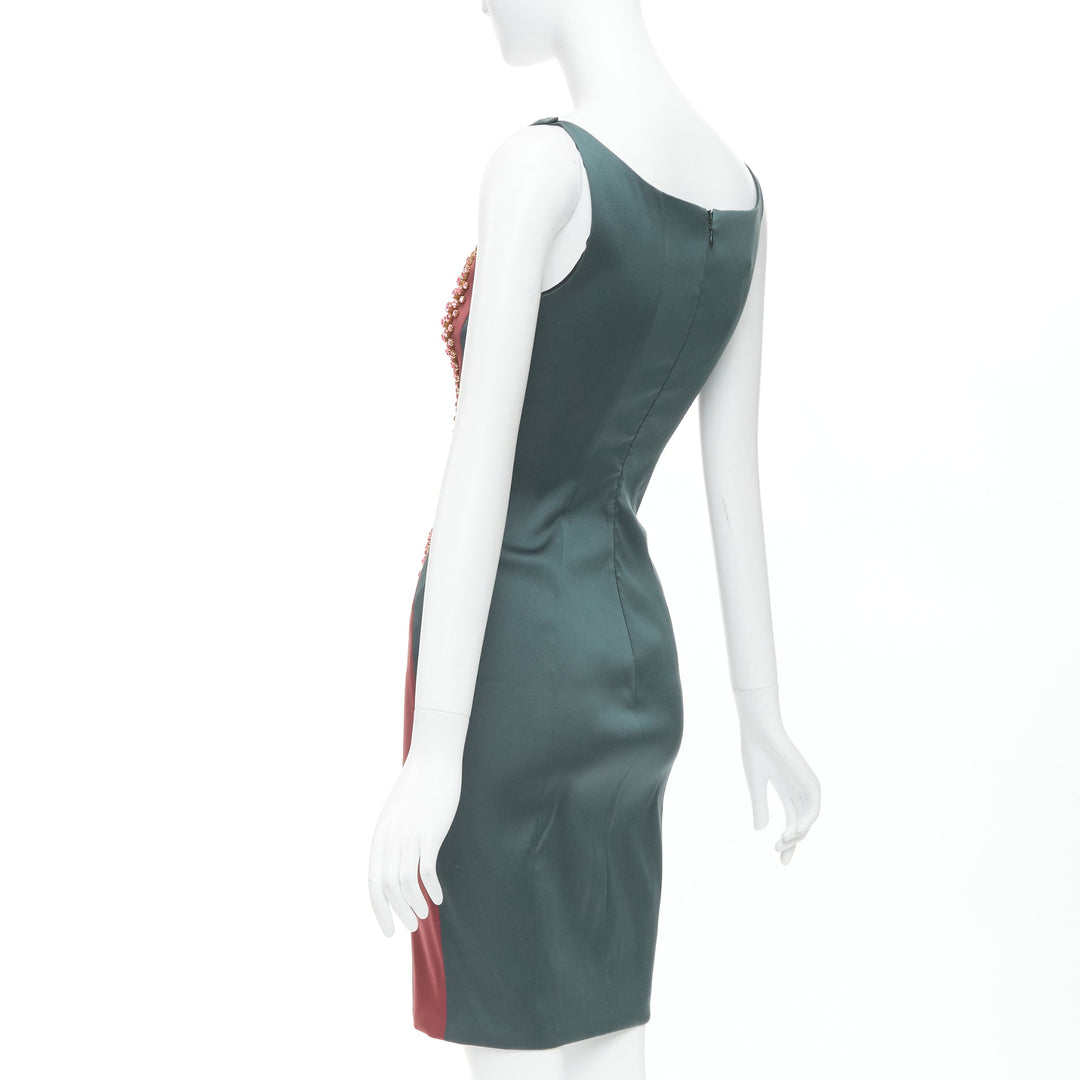 rare PRADA 2012 Runway green burgundy satin rhinestone illusion dress IT40 S