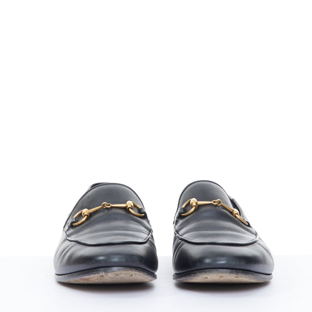 GUCCI Brixton black soft leather collapsible heel horsebit flat loafers EU38