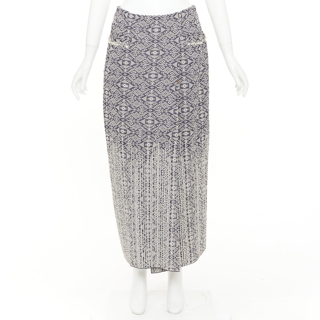 CHANEL 2014 blue cream CC geometric diamond jacquard frayed wrap skirt FR40 L
