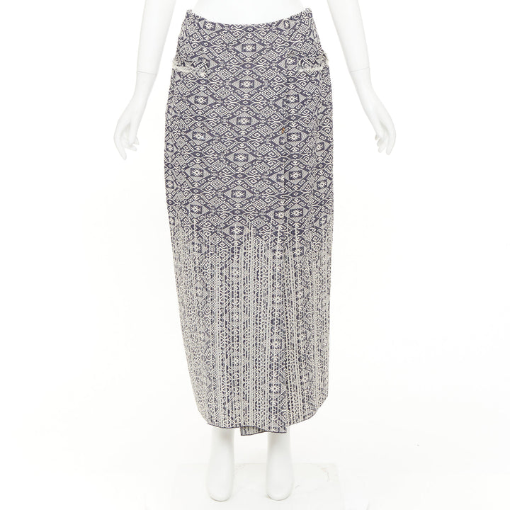 CHANEL 2014 blue cream CC geometric diamond jacquard frayed wrap skirt FR40 L