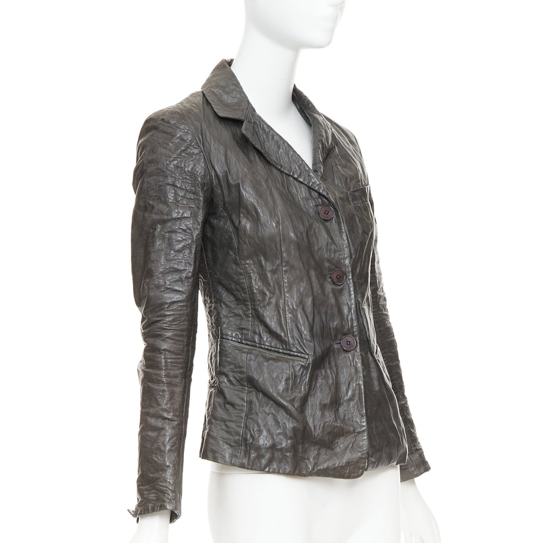 DONNA KARAN dark taupe crinkled lambskin leather blazer jacket IT38 XS