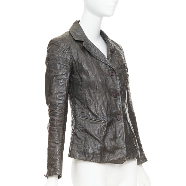 DONNA KARAN dark taupe crinkled lambskin leather blazer jacket IT38 XS