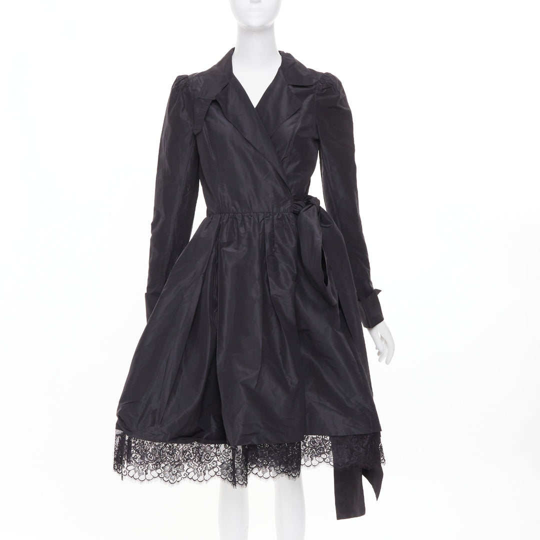 DIANE VON FURSTENBERG black scalloped lace hem silk taffeta wrap dress US8 L
