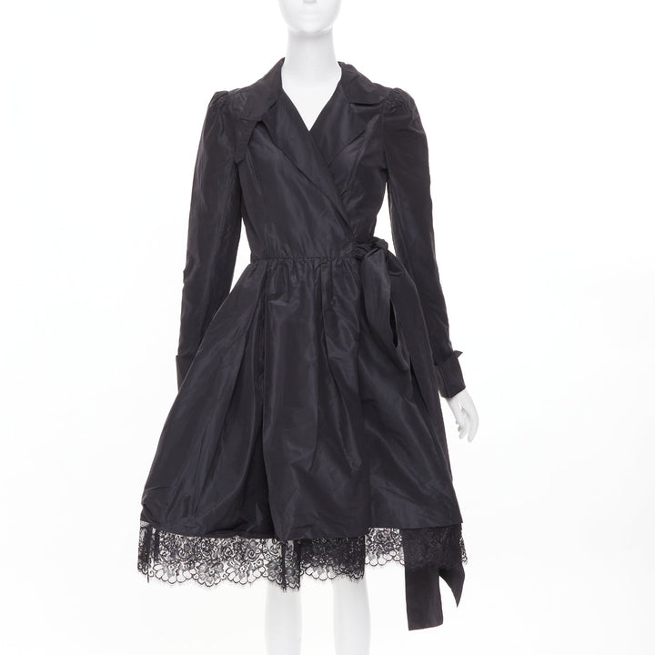 DIANE VON FURSTENBERG black scalloped lace hem silk taffeta wrap dress US8 L