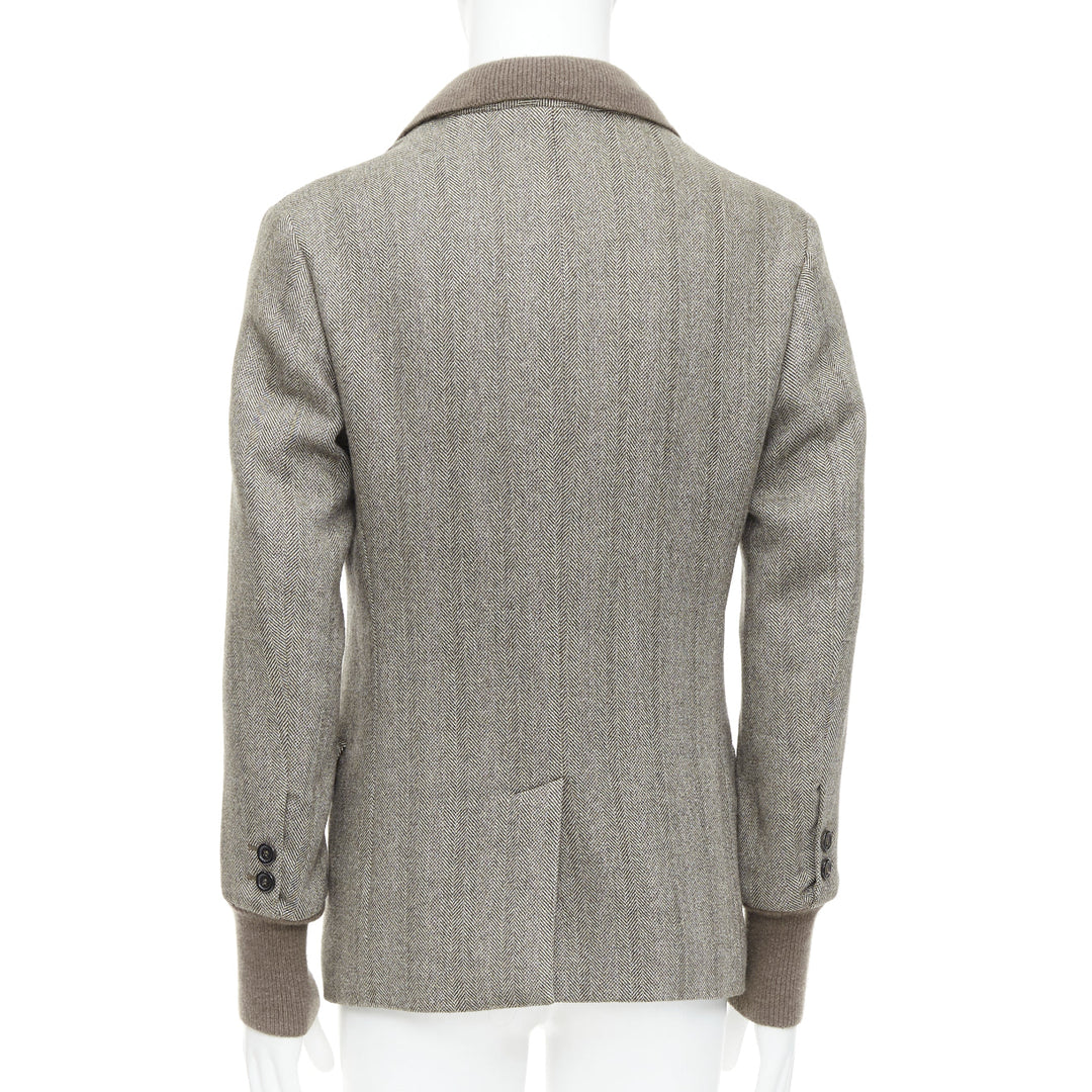 YVES SAINT LAURENT brown herringbone cashmere silk layered collar jacket FR48 M