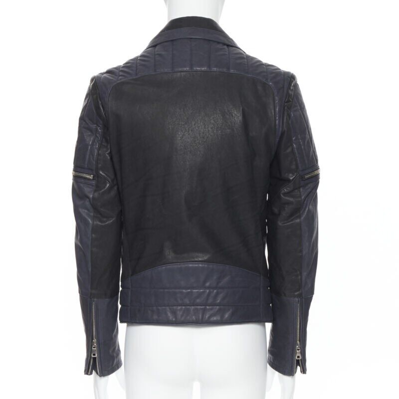 BALMAIN navy blue black leather ribbed motorcycle biker jacket EU48 M