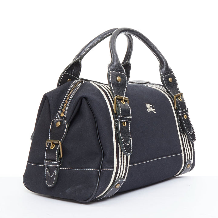 BURBERRY Blue Label black logo striped canvas satchel top handle bag