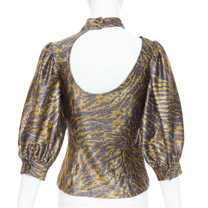 GANNI gold metallic tiger lurex lame puff sleeve cut out top FR36 S