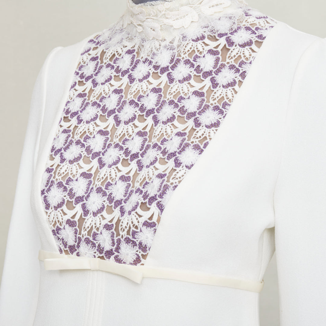 GIAMBATTISTA VALLI cream wool crepe purple floral lace bib mini dress IT42 S