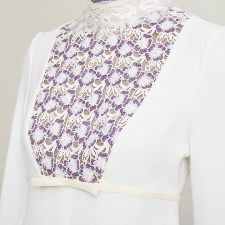 GIAMBATTISTA VALLI cream wool crepe purple floral lace bib mini dress IT42 S
