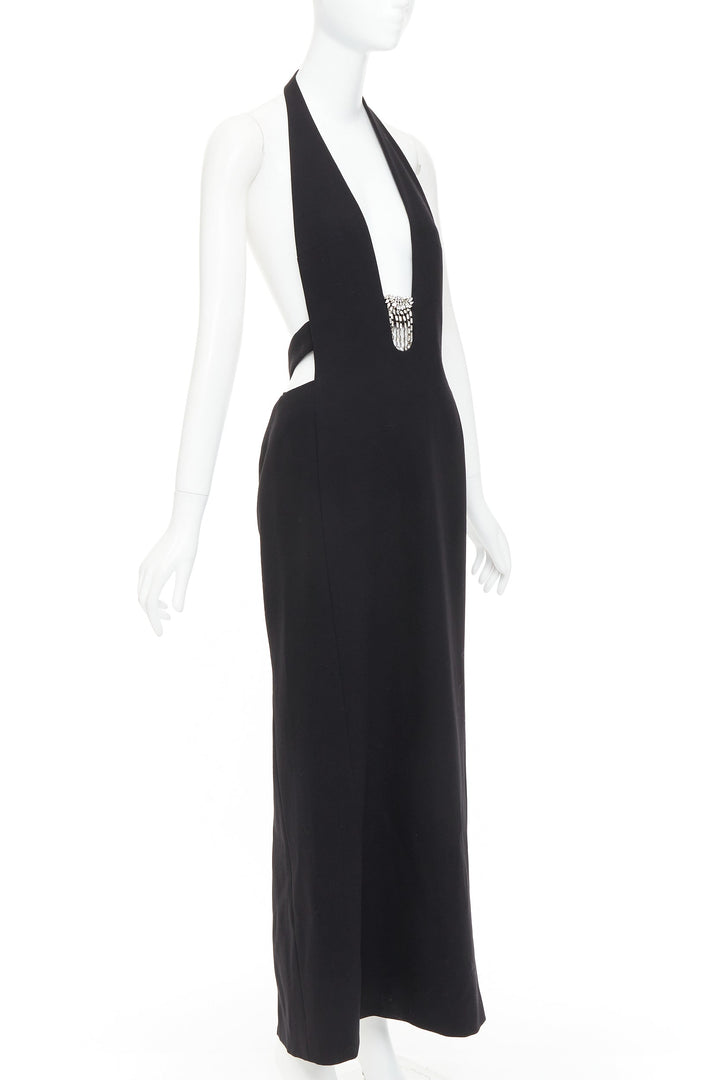 SAINT LAURENT 2022 Runway black plunge neck crystal low back wool dress FR40 L