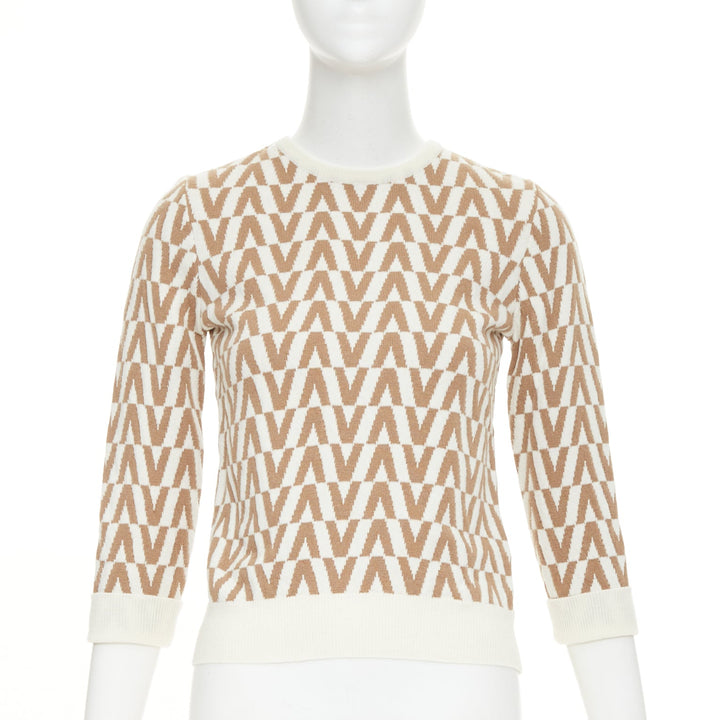 VALENTINO beige brown virgin wool cashmere V monogram knit pullover sweater S