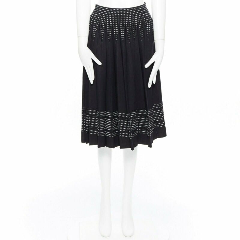 ALEXANDER MCQUEEN black white dot jacquard knit pleated flare midi skirt IT42 M