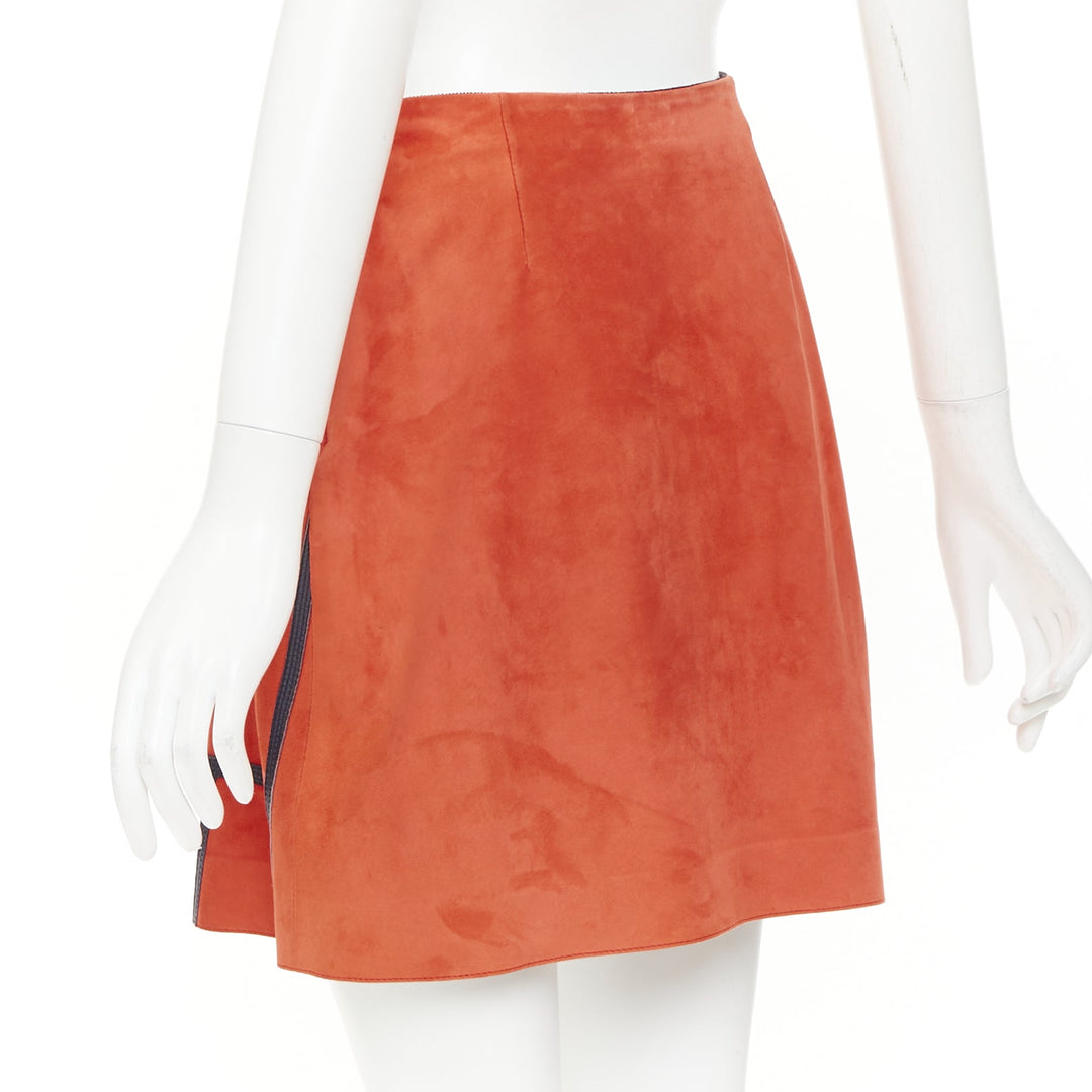 LOEWE 2016 Cyborg orange goat suede navy geometric inset applique skirt FR38 M