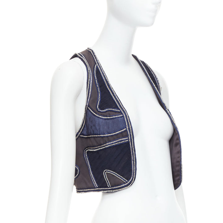 3.1 PHILLIP LIM blue silver dome studded silk lined patchwork vest US4 S