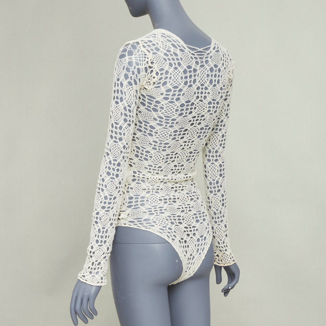 COMME DES GARCONS beige nylon braided crochet open knit mesh bodysuit leotard