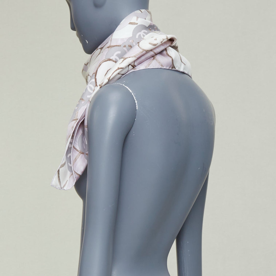CHANEL 100% silk pink grey CC logo camellia flowers checkered pearl scarf 85cm