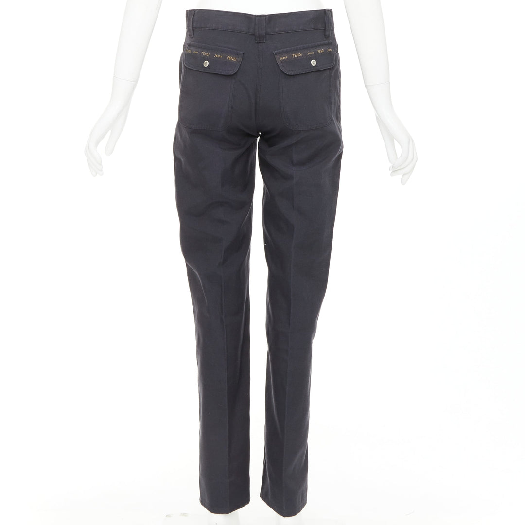 FENDI JEANS Vintage grey denim yellow logo tape flap pocket straight jean IT42 M