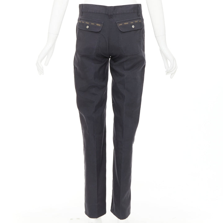 FENDI JEANS Vintage grey denim yellow logo tape flap pocket straight jean IT42 M