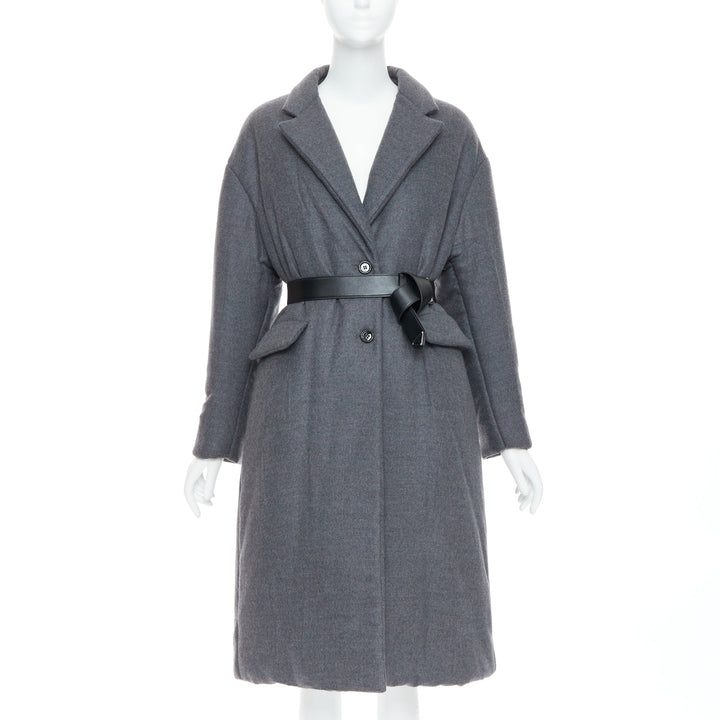 PRADA 2022 grey cashmere wool leather logo belt padded coat IT40 S