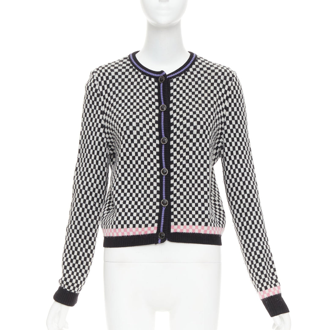 GIANNI VERSACE Vintage wooly checkered pink purple trim cardigan IT42 M
