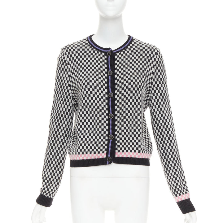 GIANNI VERSACE Vintage wooly checkered pink purple trim cardigan IT42 M
