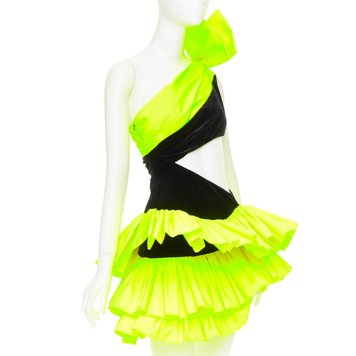 rare ALEXANDRE VAUTHIER SS2023 Runway neon yellow black velvet cut out dress