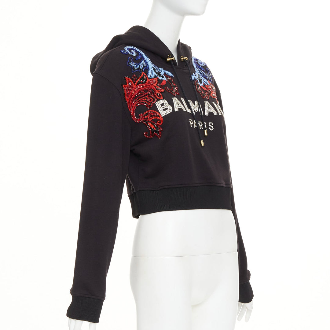 BALMAIN crystal rhinestone bead baroque logo black cropped fleece hoodie XXS